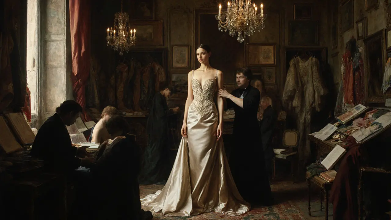 A model in a hand-stitched gown is fitted by tailors in a luxurious Milanese atelier, surrounded by silk swatches and chandeliers.
