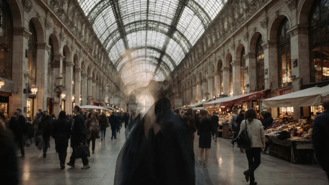 An elite model walks through Galleria Vittorio Emanuele II at dawn, her reflection blending with the glass ceiling's ironwork.