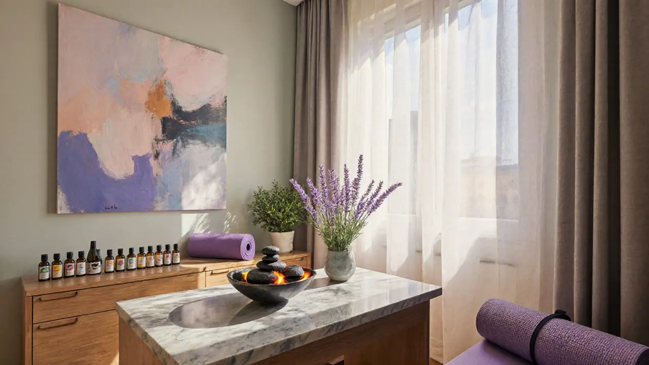 Boutique spa interior with hot stones, oil bottles, and art décor.