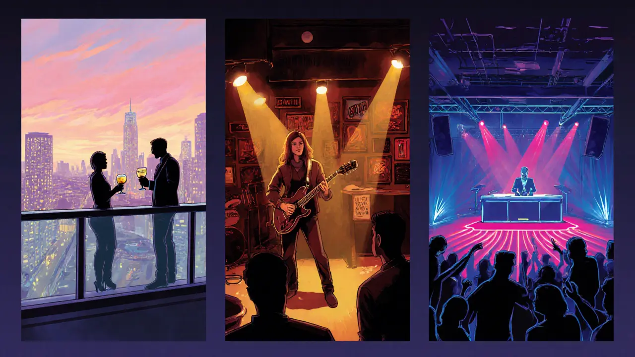 Comic‑style panels showing rooftop lounge sunset, live‑music pub, then downtown nightclub.