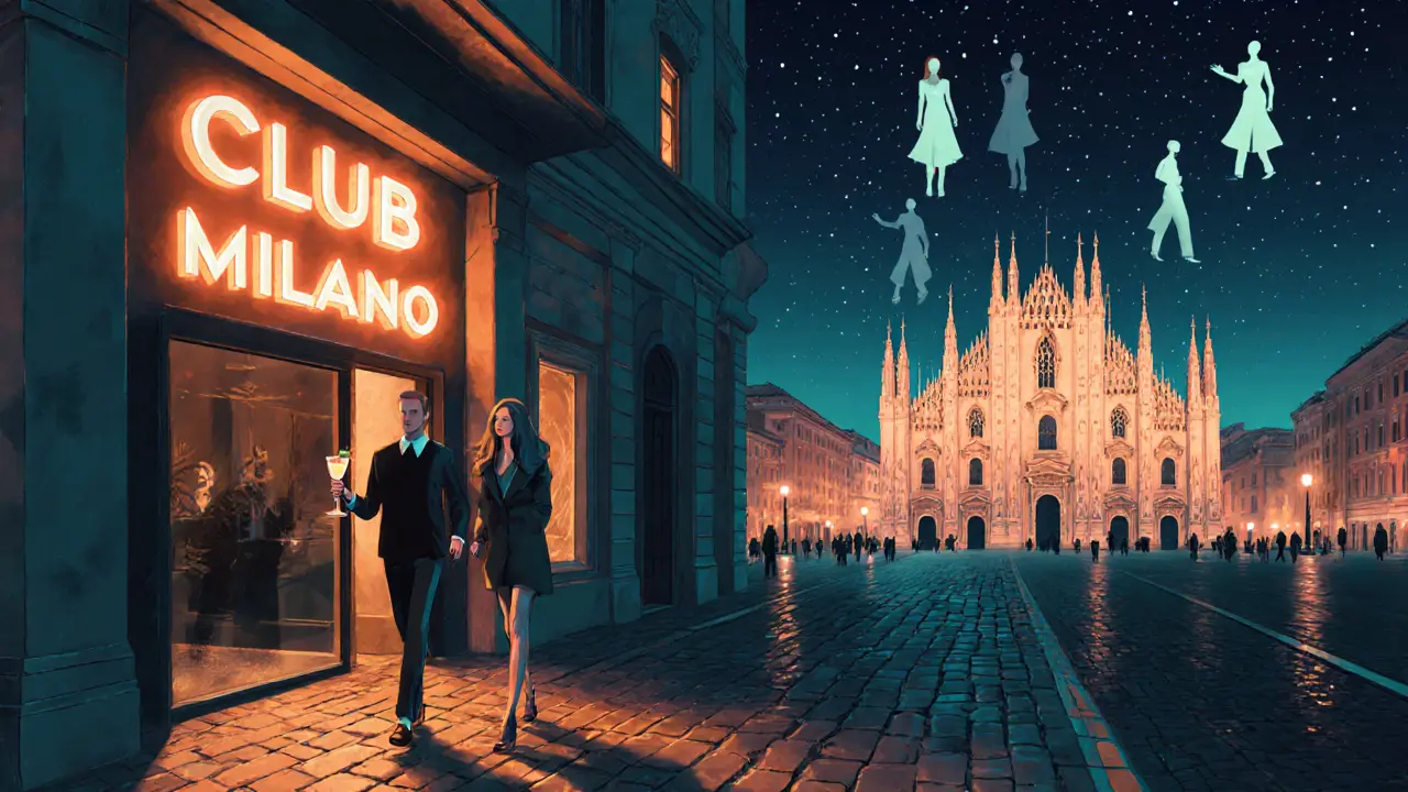 Couple leaving Club Milano walking past the illuminated Duomo at night.
