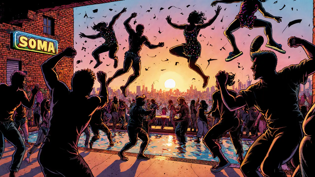 Crowd dancing wildly at a Barcelona rooftop party as the sun rises over the city.