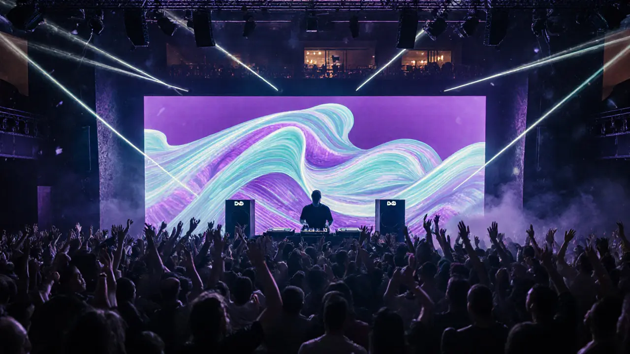 DJ on stage with LED wall and laser lights, crowd dancing in a spacious club interior.