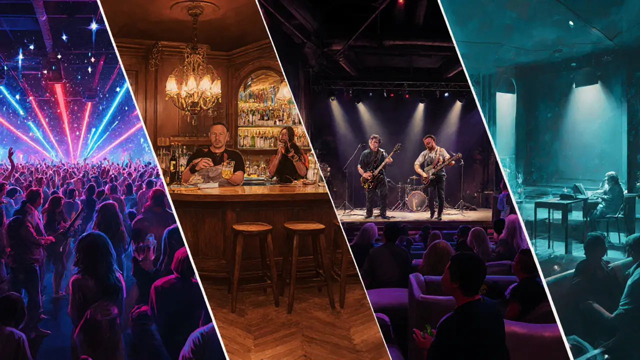 Four side‑by‑side scenes showing a club, bar, live‑music venue and lounge.