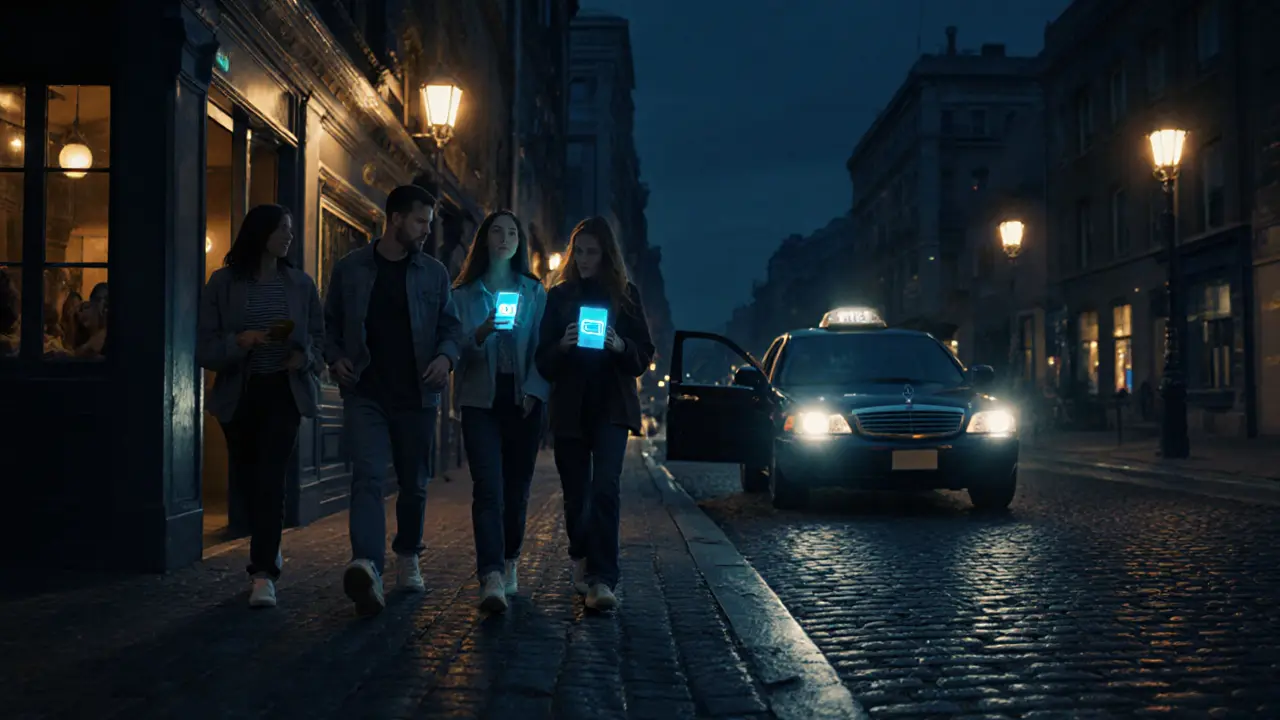 Friends leaving a venue at night with streetlights and a rideshare car waiting.