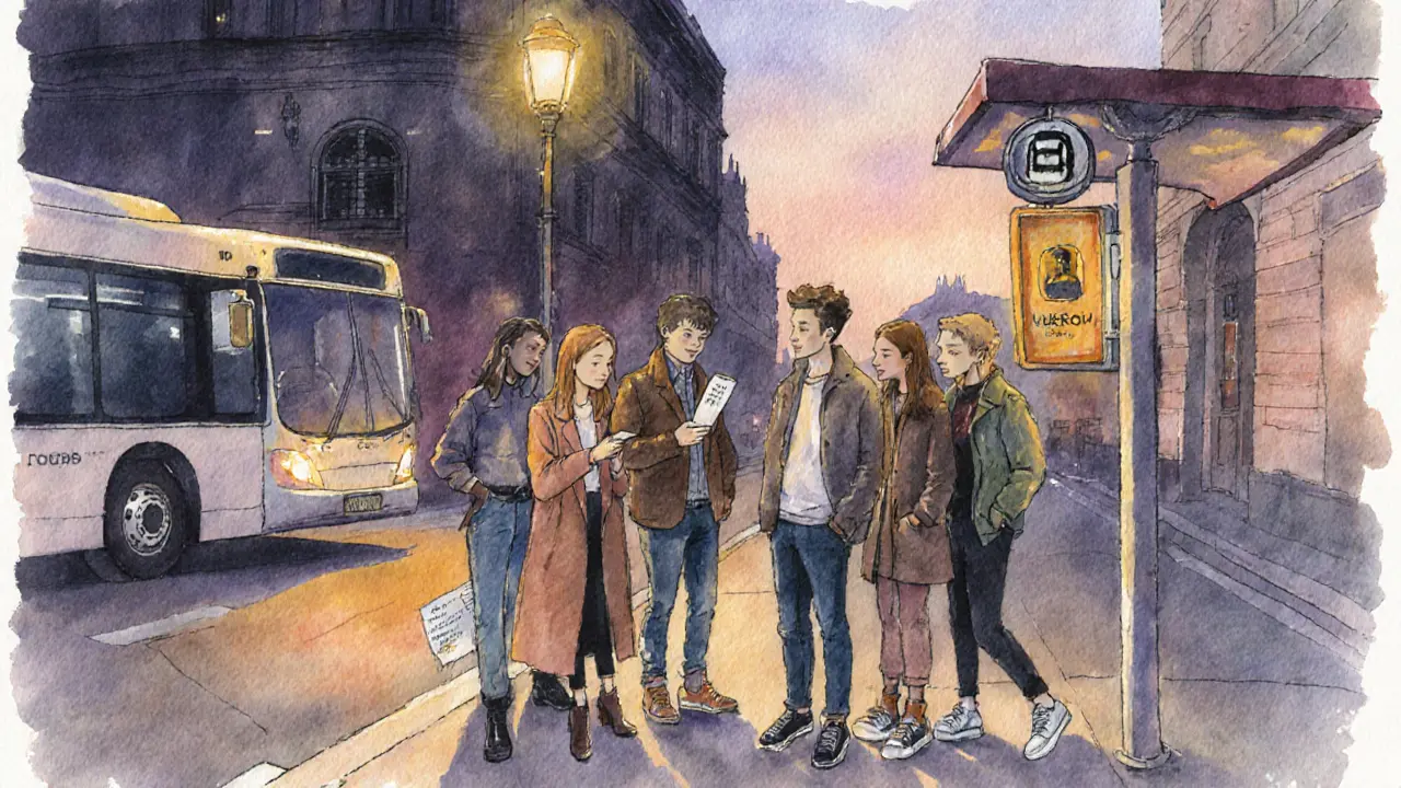 Friends leaving Bobino Milano at dawn, waiting for Uber beside a night‑bus stop.