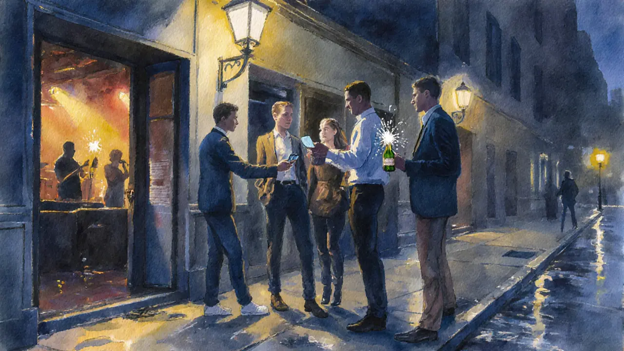 Friends leaving the club at night, holding champagne and a phone for a ride‑share.