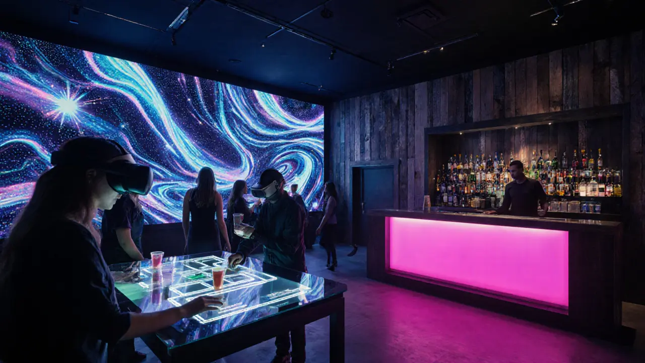 Futuristic eco‑friendly club with AI lighting, VR zones, and sustainable décor.