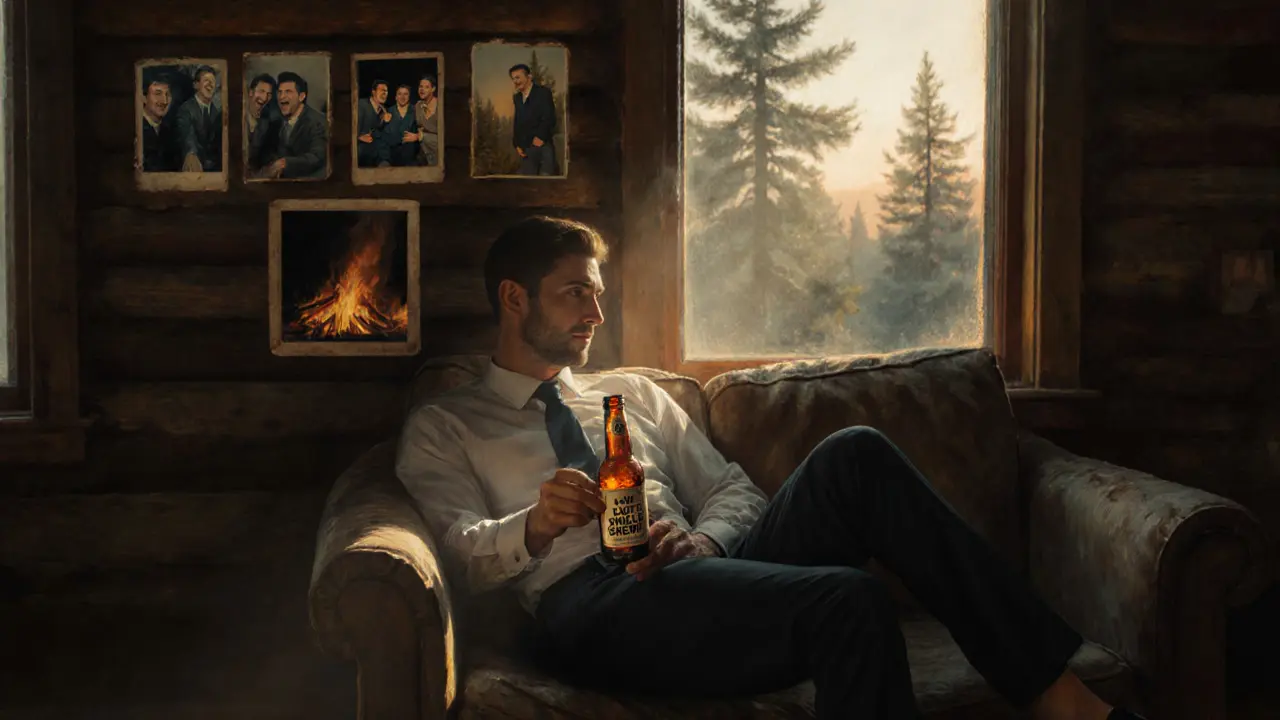Groom alone in a cabin at sunrise, holding a labeled beer bottle, photos on the wall behind him.