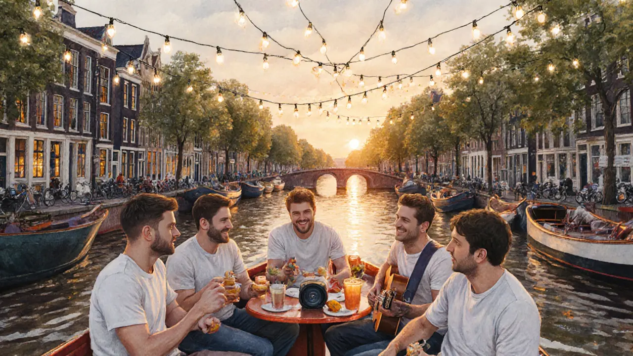 Group enjoying a sunset canal boat cruise in Amsterdam with string lights and historic buildings.