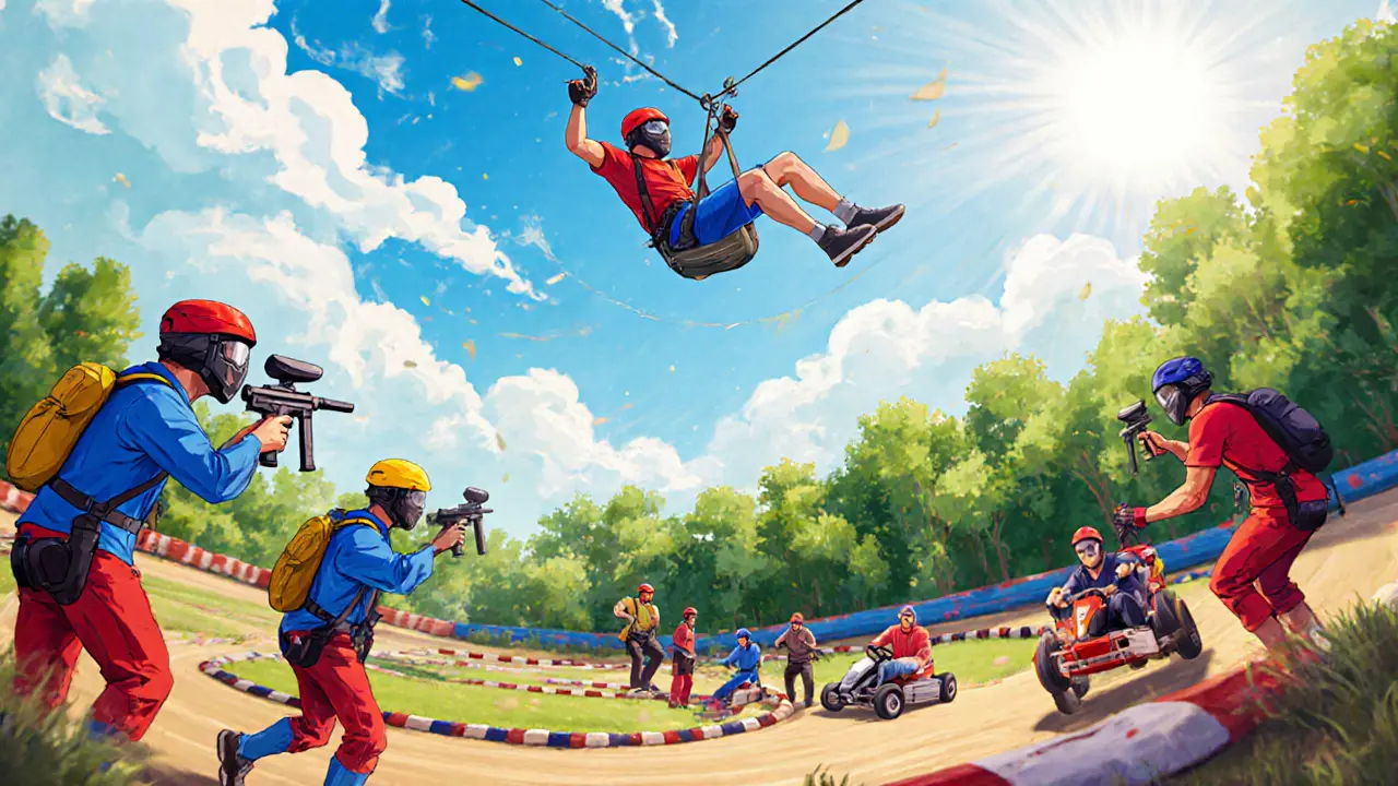 Group of men enjoying paintball, go‑karting and zip‑lining under bright daylight.