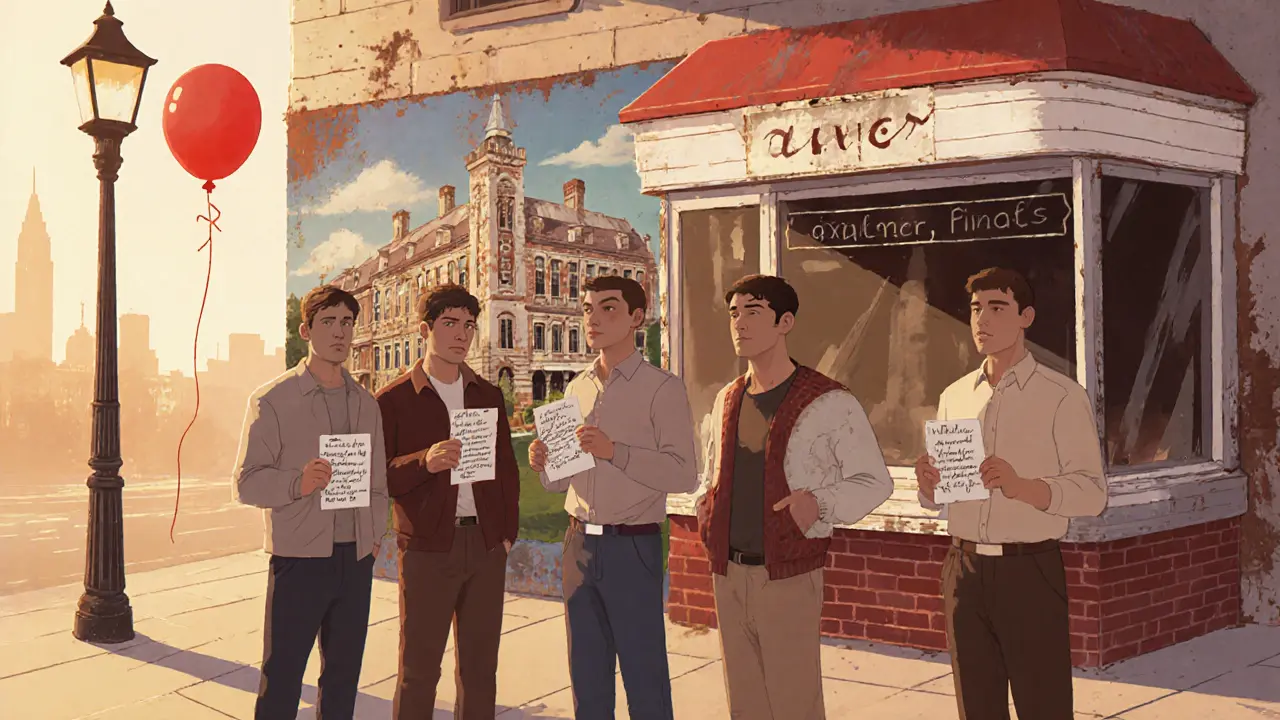 Group standing outside a nostalgic diner at dawn, holding a handwritten clue, soft morning light.