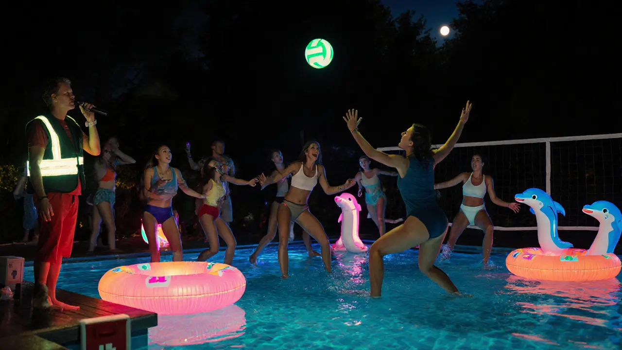 Guests playing glow volleyball and floatie relay, lifeguard overseeing safety.