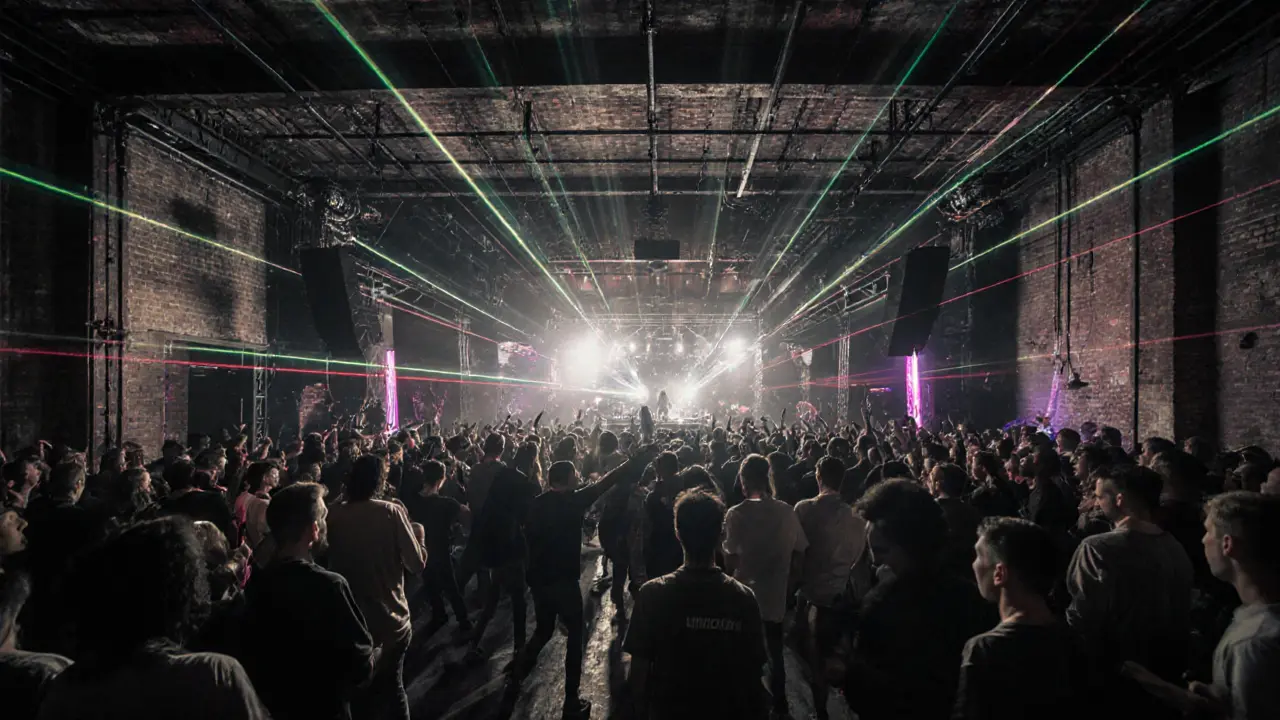 Industrial loft party in Porta Romana with DJ and dancing crowd.