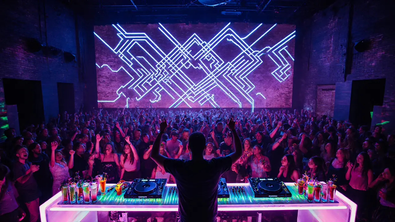 Inside Bobino Milano during Electro Pulse, DJ and crowd under LED lights.