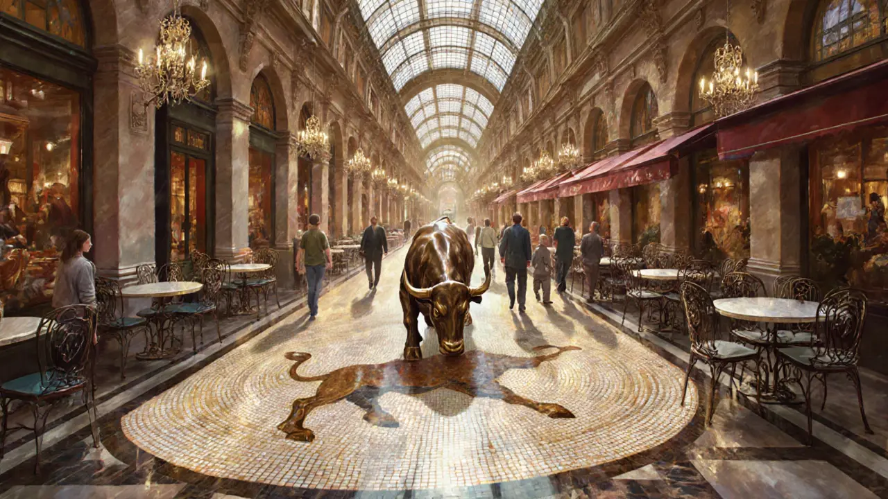 Inside Galleria with mosaic bull floor and glass dome overhead.