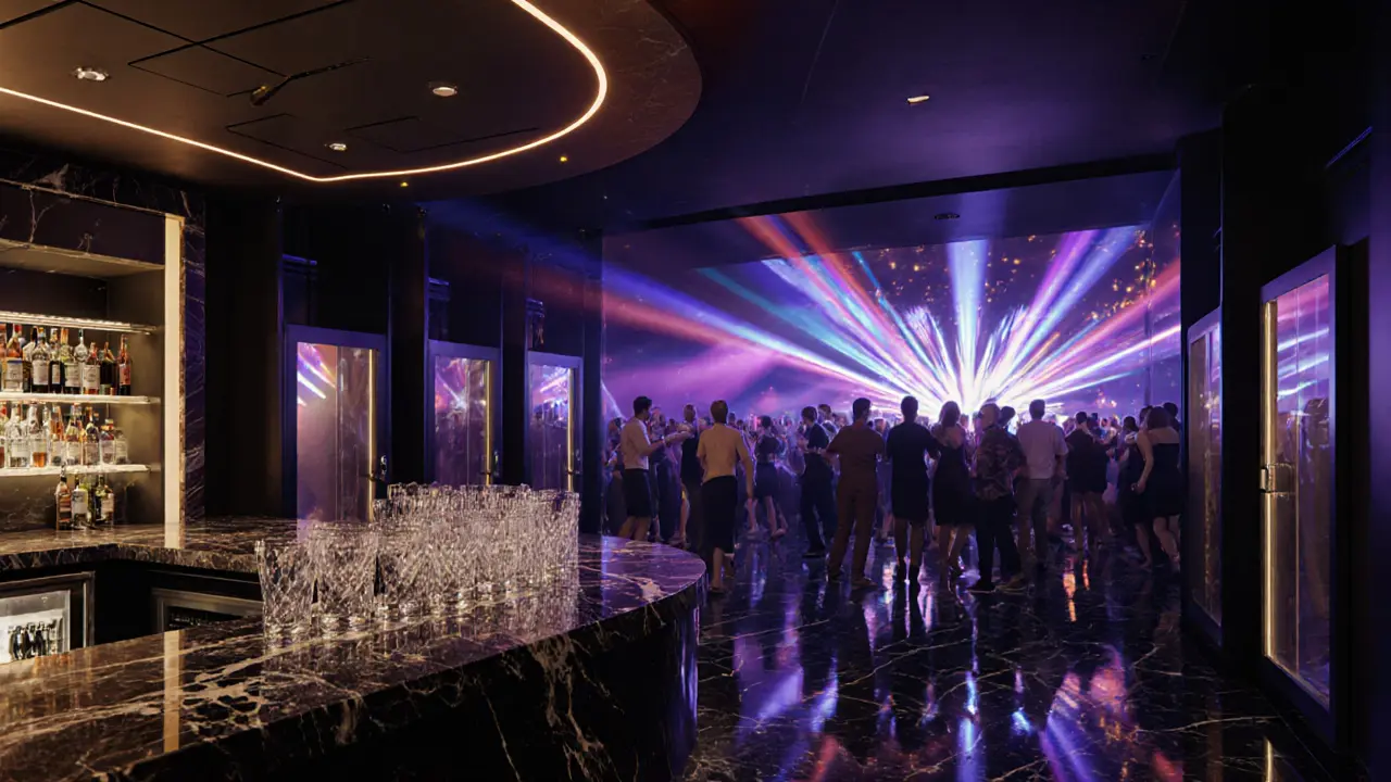 Interior of Bobino Milano showing marble bar, dance floor, and VIP cabins under dynamic lighting.