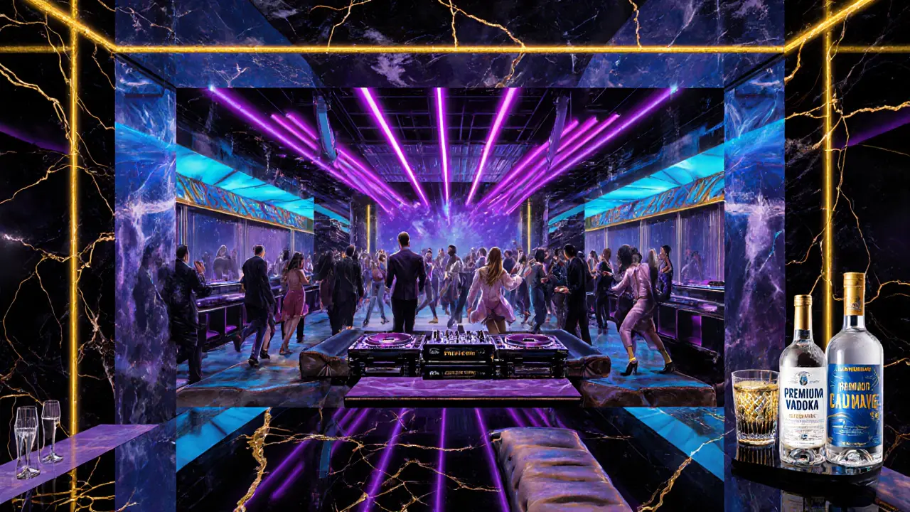 Interior of Club Milano with marble, leather, neon lights, DJ and dancing crowd.