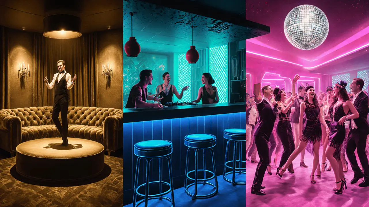 Interior split into upscale VIP, casual bar, and themed retro disco zones with performers.