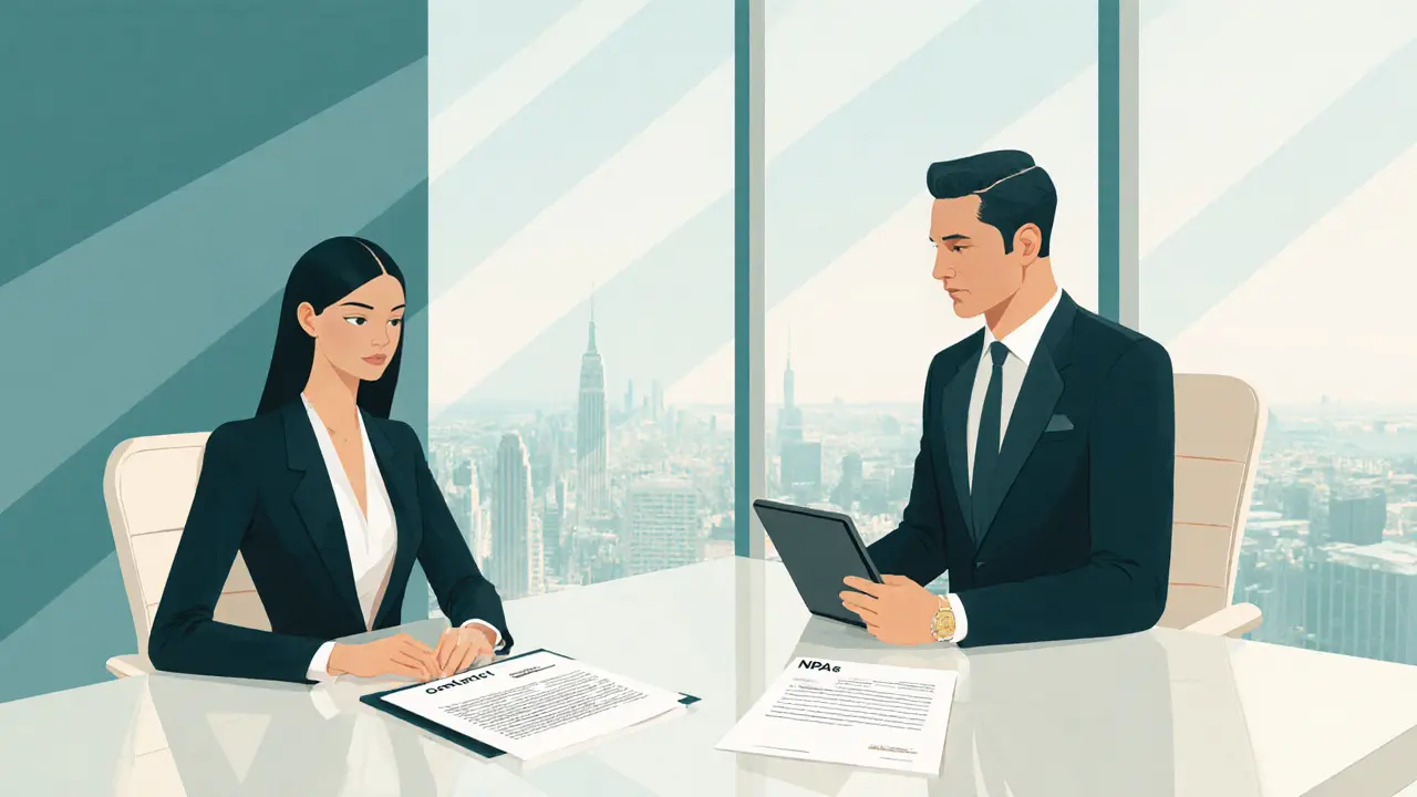 Model and talent manager reviewing a portfolio and contract in a modern office.