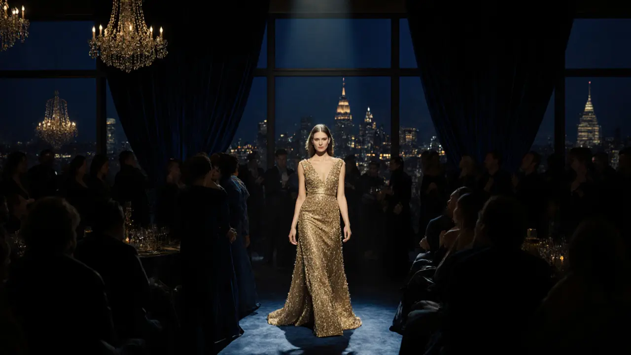 Model in a gold dress at a luxury gala with chandeliers and city lights.