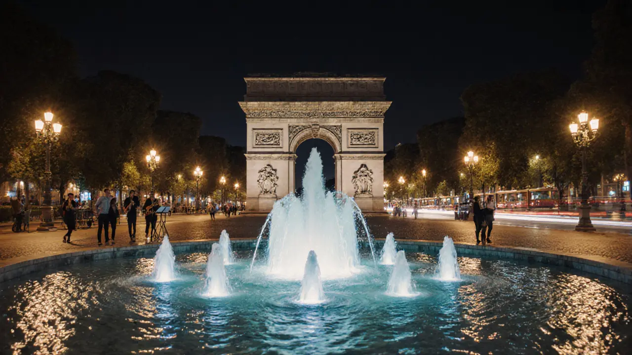 Night photo of Parco Sempione fountain with blue LED lights and couples strolling.