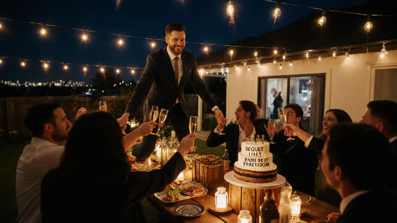 Nighttime backyard party with lights, food, cocktail bar and groom being toasted.
