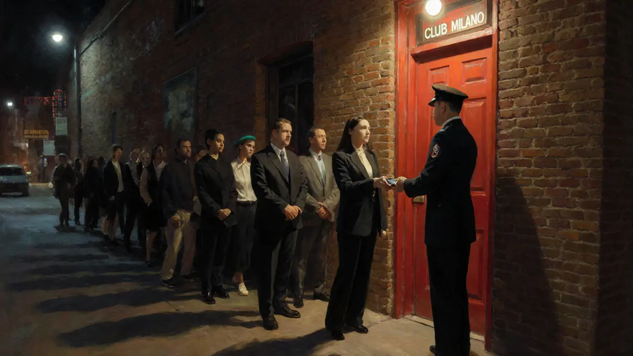 People waiting in line outside a red door at night, handing phones to staff, no signage, only dim streetlamp light.