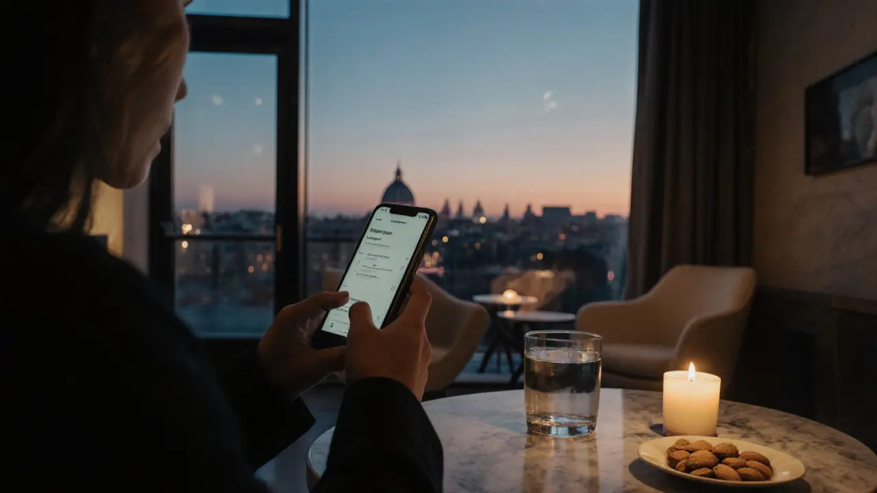 Person booking a spa on phone, then relaxing in a lounge with city view.