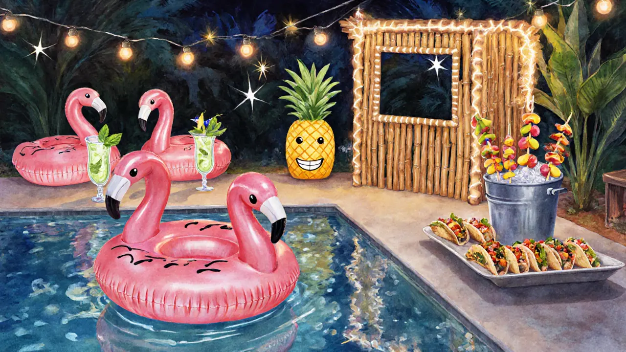 Poolside decorated with fairy lights, flamingo floaties, food stations and photo booth.