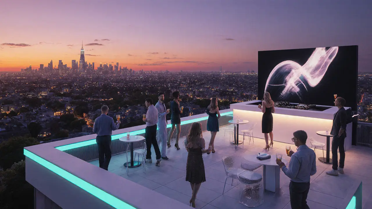 Rooftop club at sunset with city skyline, guests, and LED lighting.