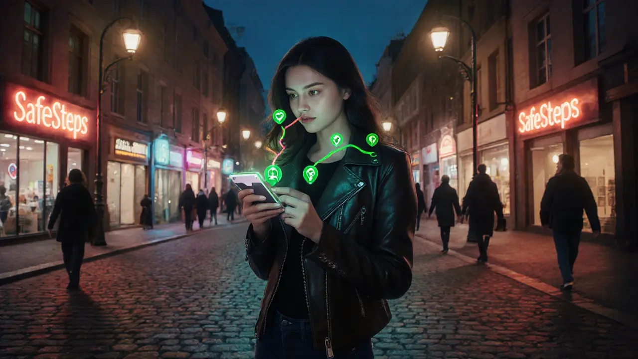 Solo traveler using a safety app on phone while walking at night.