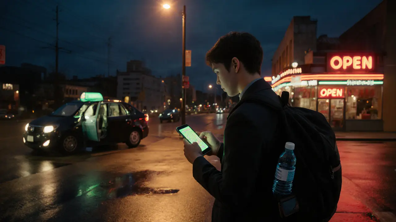 Traveler checking phone map near a lit ride‑share car and 24‑hour diner at night.