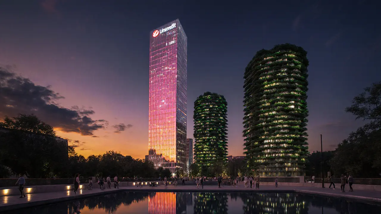 Twilight skyline of Porta Nuova showing vertical forest towers.