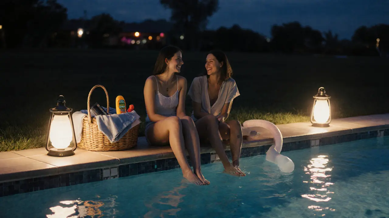 Two friends sitting peacefully by a pool at night, feet in water, lit by soft lantern glow.
