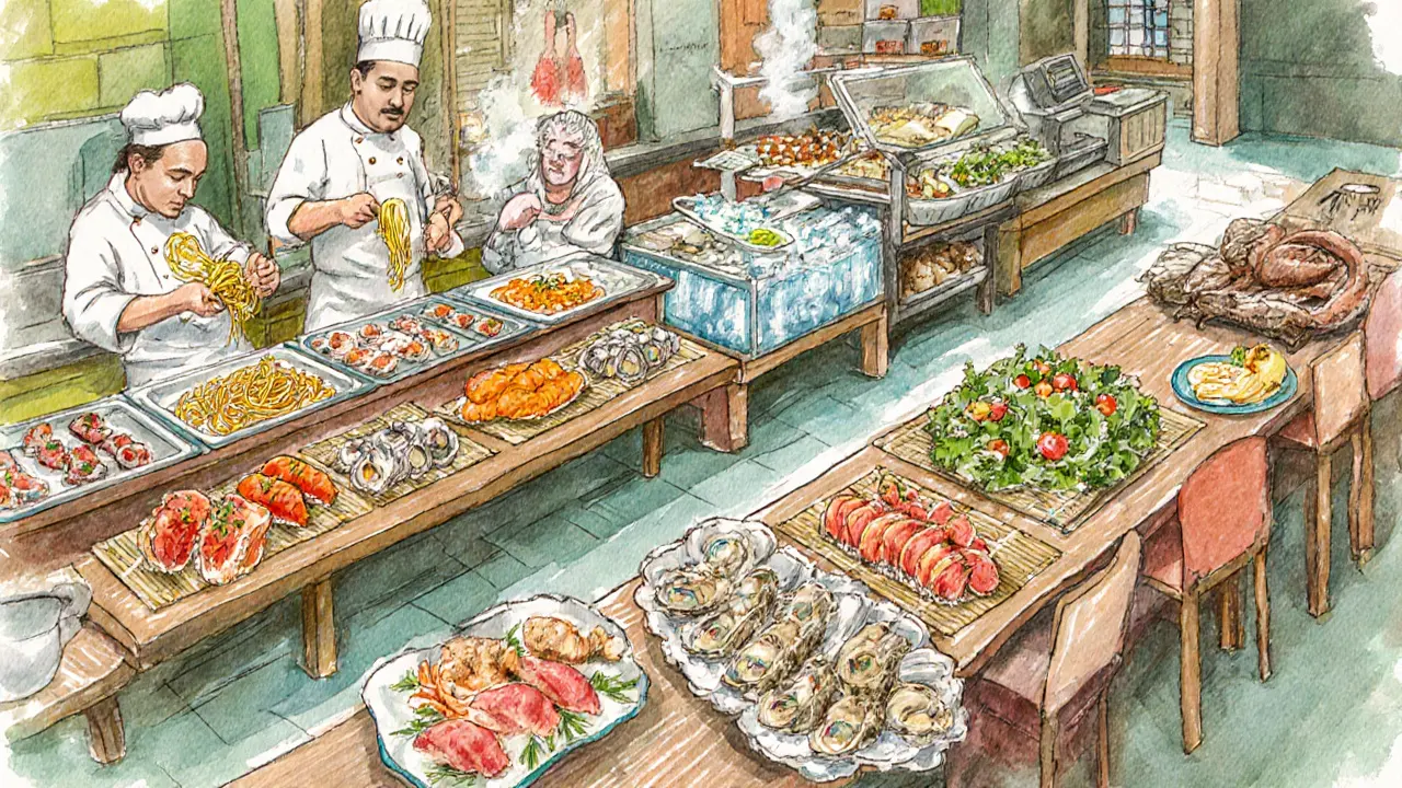 Vibrant buffet spread featuring pasta, sushi, seafood, and vegetarian dishes.