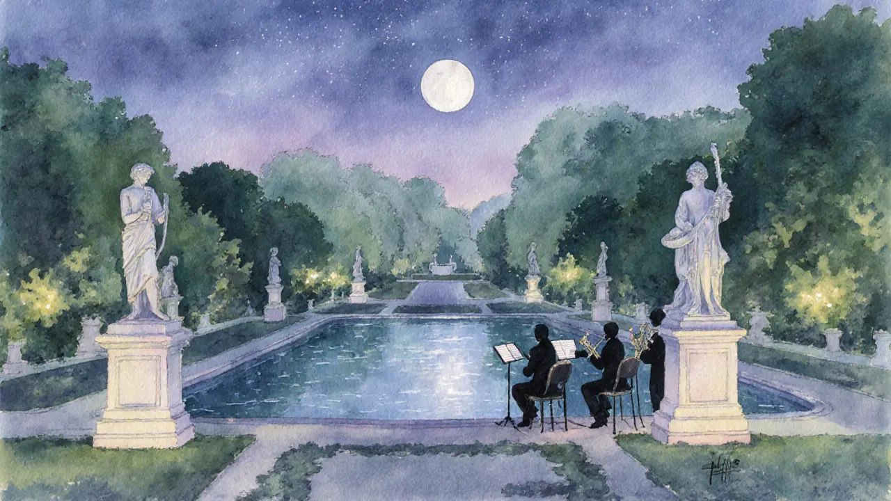 Watercolor of Villa Belgiojoso garden at night with lit statues and a reflective pond.