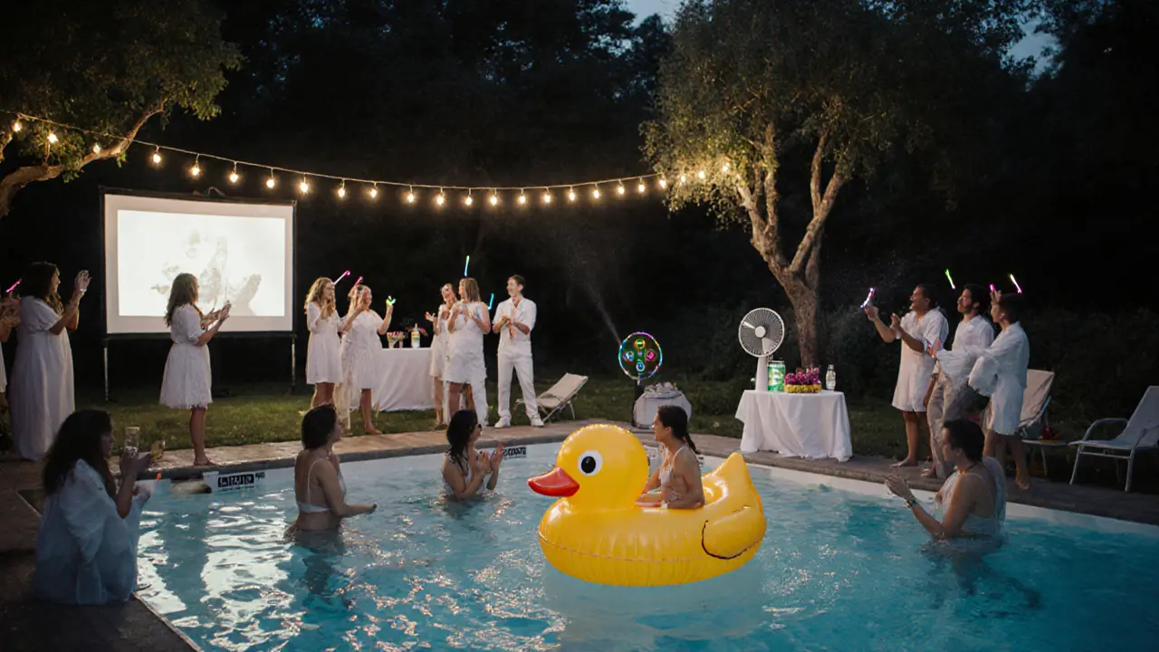 White-clad partygoers glowing with glow sticks in a pool under fairy lights, watching a movie on a projected sheet.