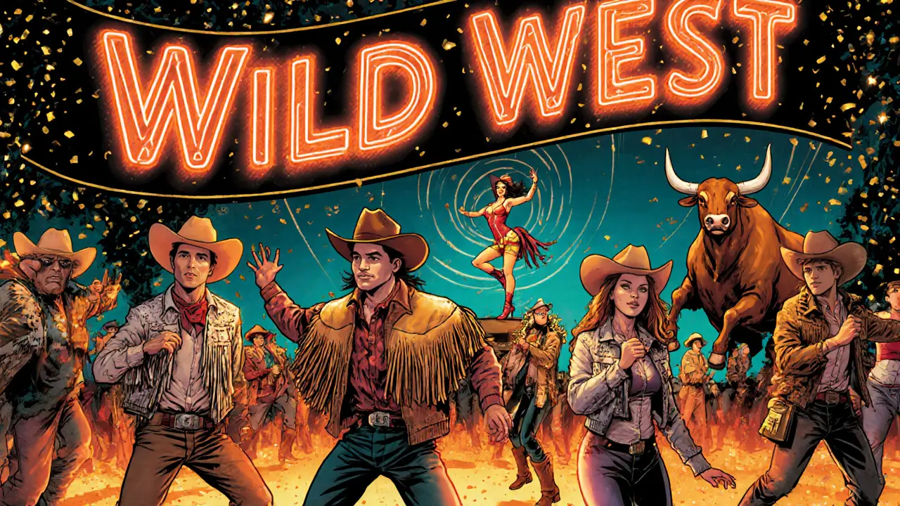 Wild West themed party at Bobino with dancers in cowboy costumes and colorful lighting.