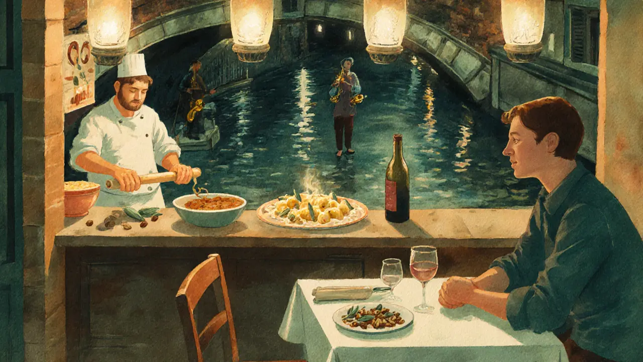 A chef in a small Navigli kitchen rolls gnocchi by candlelight as jazz music drifts from the street.