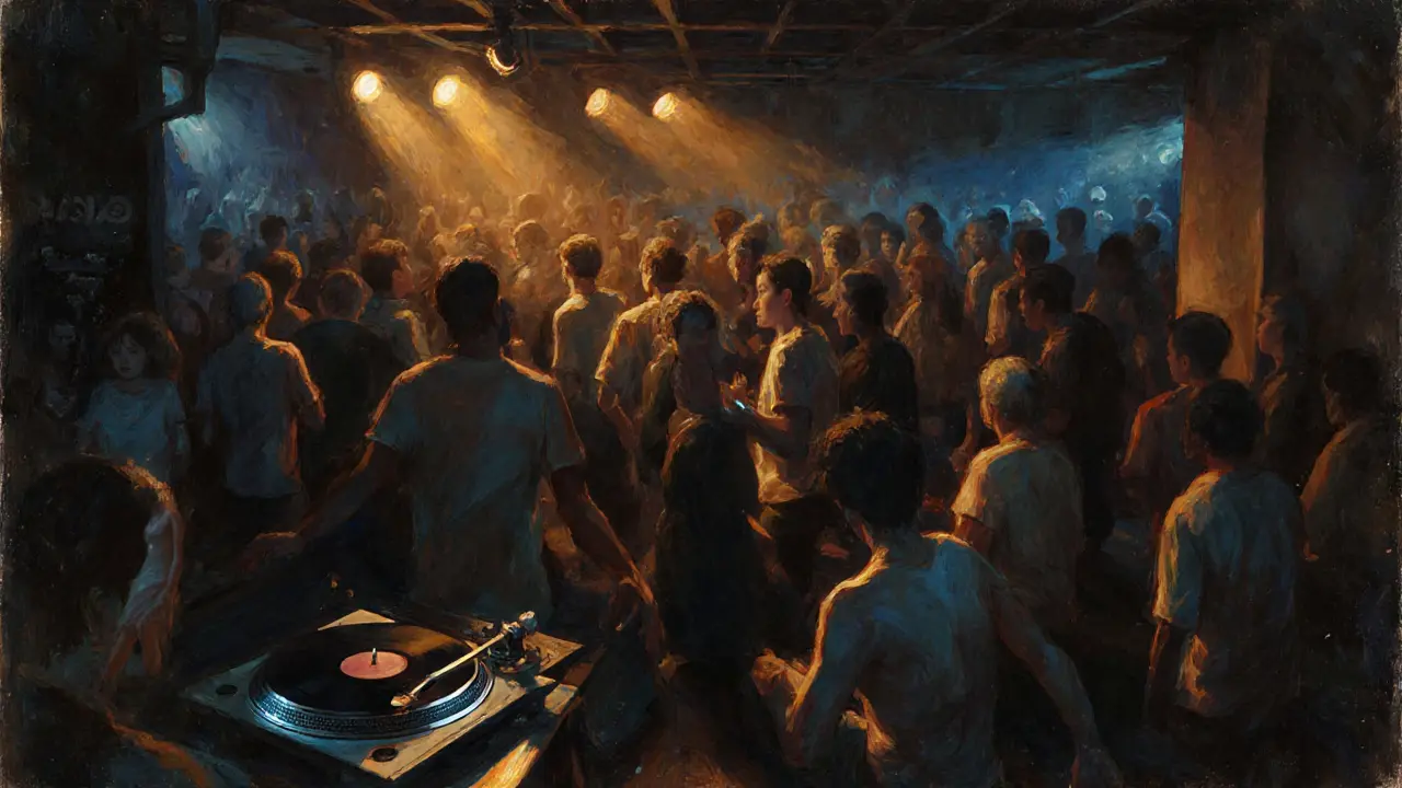 A crowd lost in music under low amber and blue lights, no phones, pure movement and atmosphere.