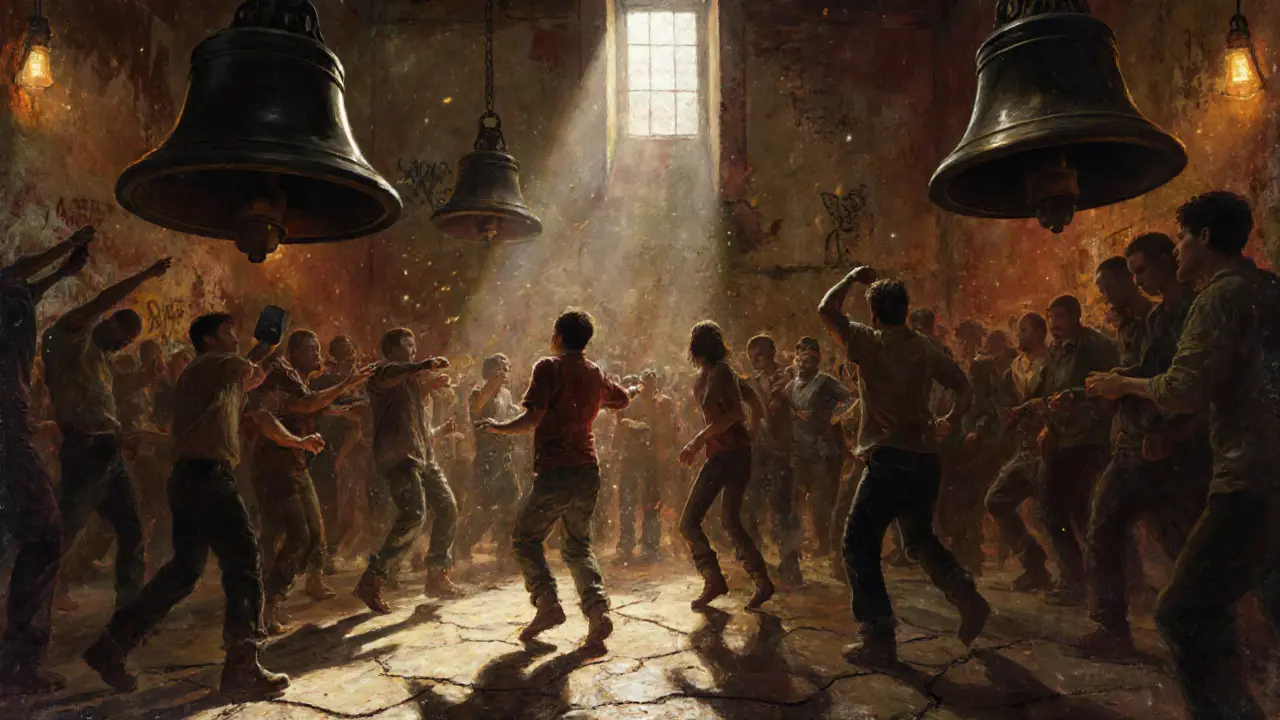 A crowded underground warehouse party at dawn, people dancing under hanging speakers and dim lights.