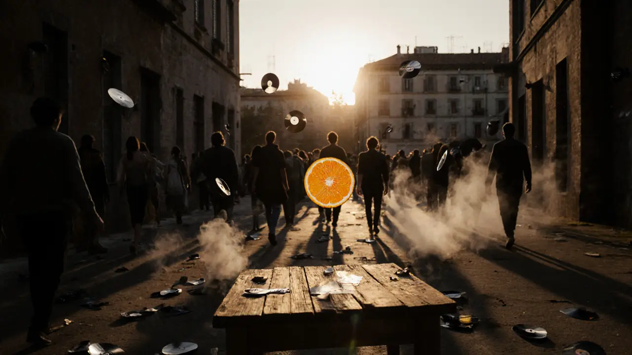 A floating orange slice above a courtyard table at dawn, surrounded by dissolving vinyl and smoke as people walk away.
