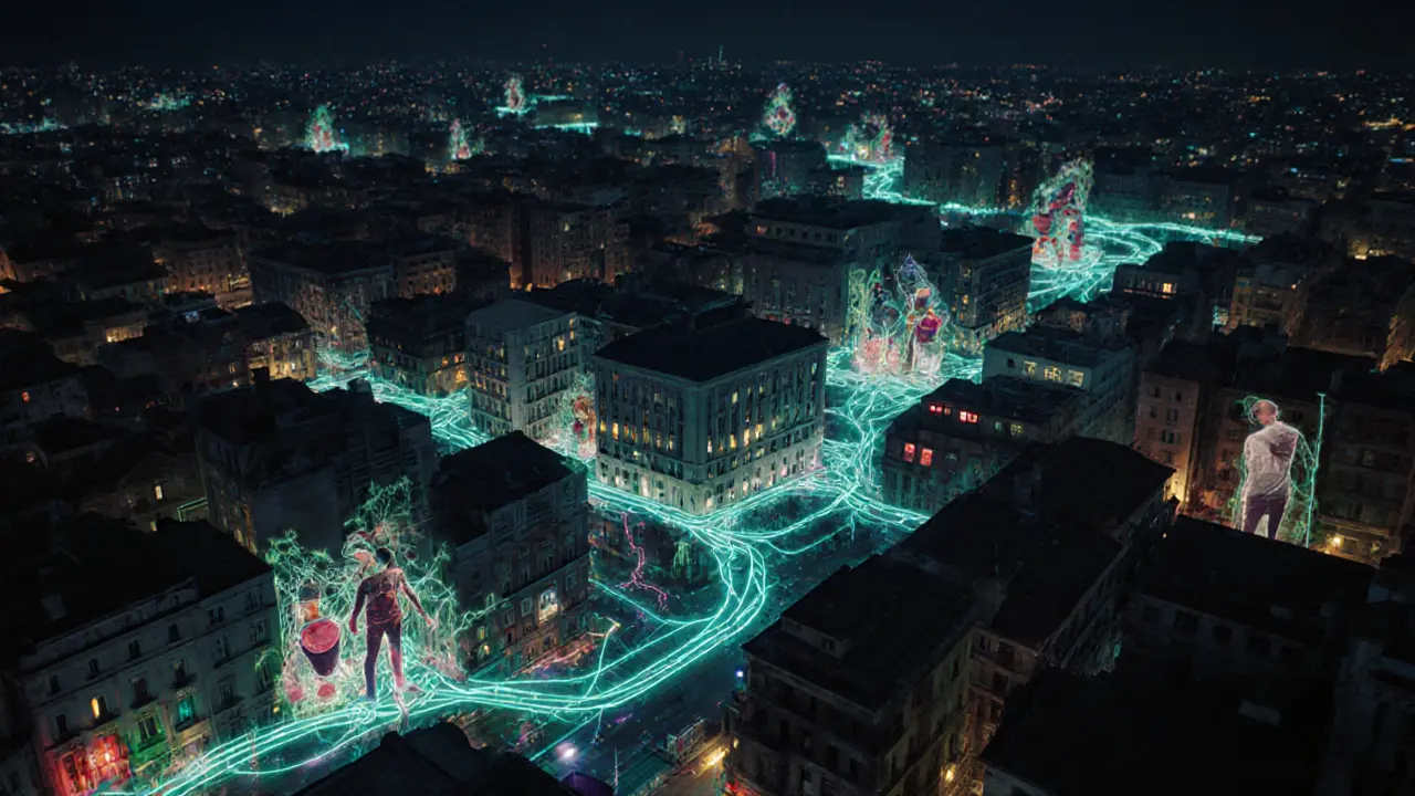 A glowing network of light and sound pulses through Milan’s urban landscape, connecting underground clubs.