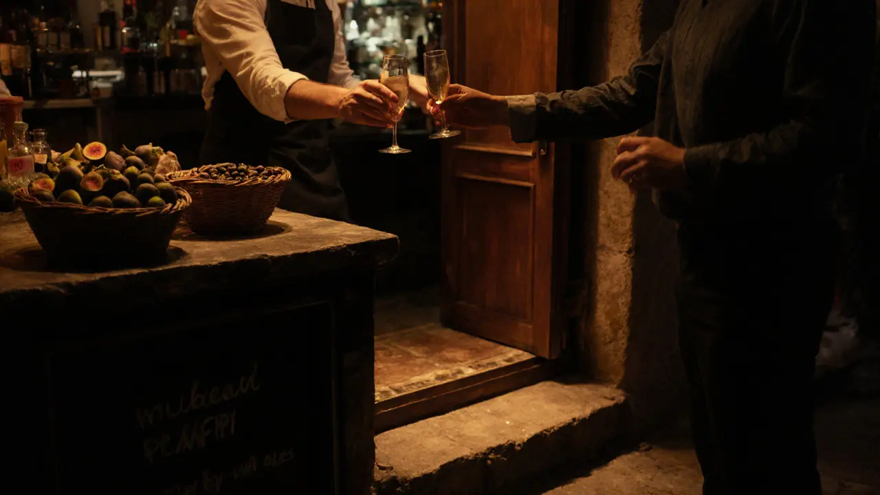 A hidden bar behind a fruit stand in Brera where a bartender serves prosecco in soft, warm lighting.
