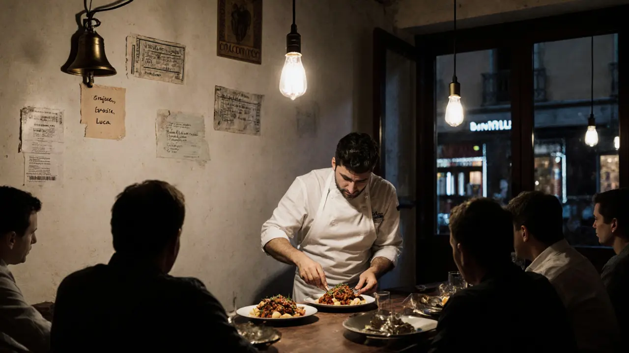 A hidden chef’s counter in Milan where a cook prepares food for silent patrons under a single hanging bulb.