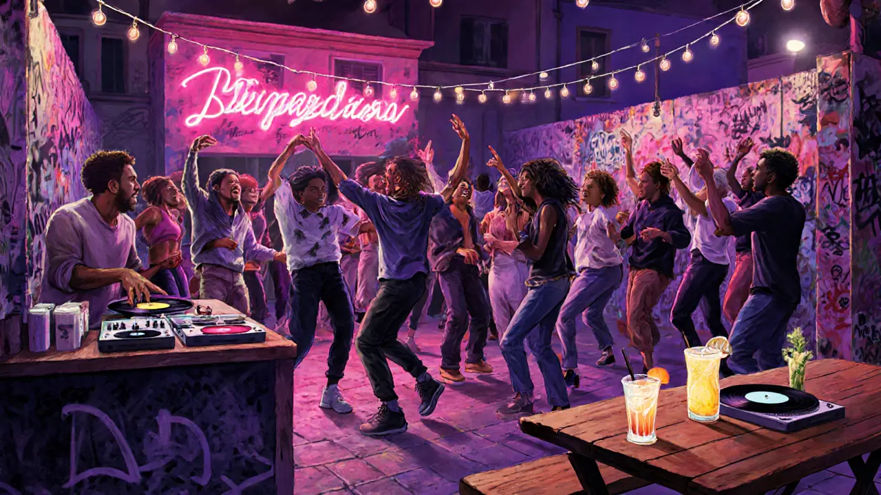 A lively night scene in Porta Venezia with people dancing under neon lights and string bulbs.