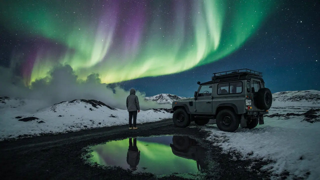 A lone figure under swirling northern lights in Iceland, steam rising from a hot spring at night.