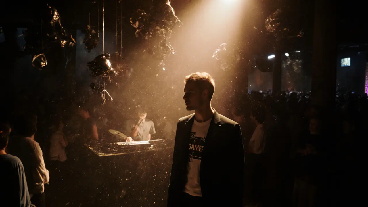 A lone man in stylish attire stands near the edge of a dance floor, bathed in a single amber light.