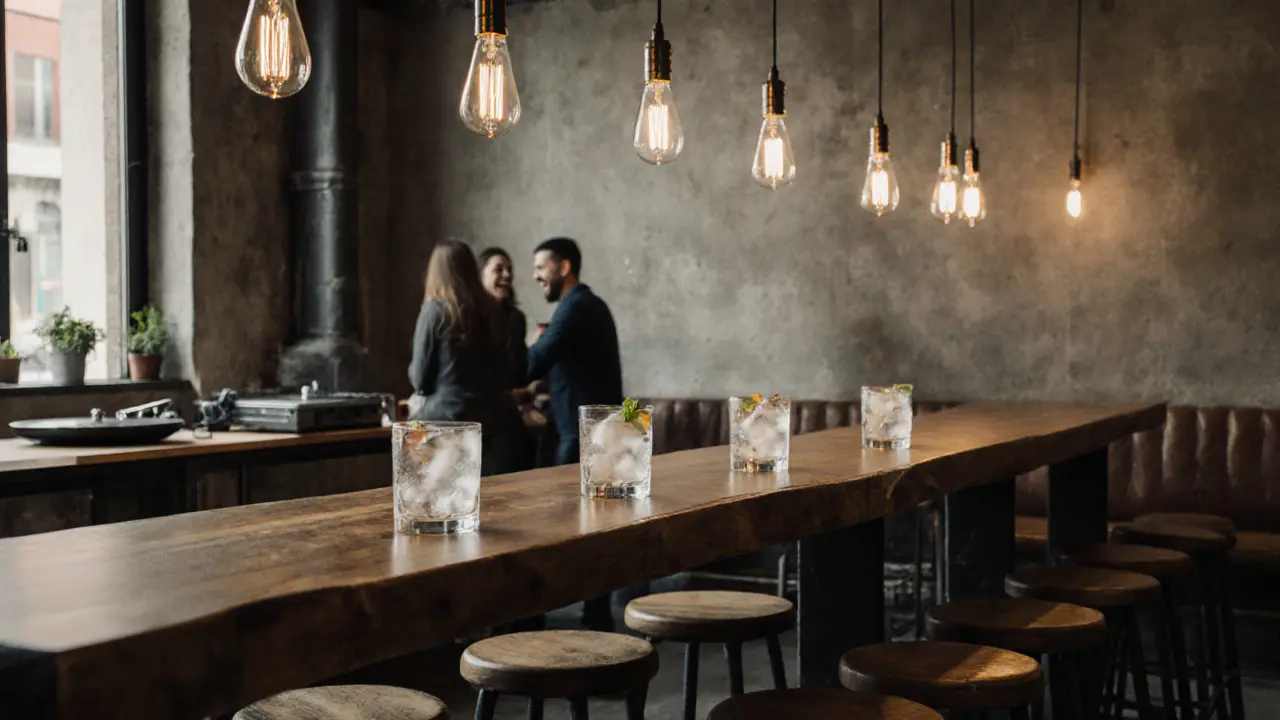A minimalist bar in Isola with three cocktails on a long wooden table under industrial lights.
